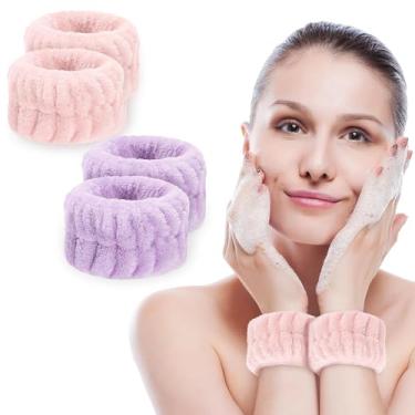 Imagem de 4 pulseiras de microfibra macia para lavar o rosto, elásticos absorventes de toalha, evitar derramamentos de líquidos, acessórios reutilizáveis de lavagem facial para mulheres (rosa + roxo)