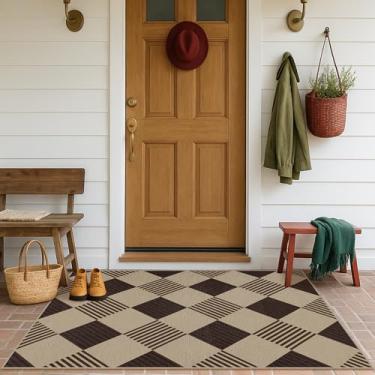 Imagem de Tapete de entrada de diamante de juta fácil de 7,5 x 12,7 cm - Tapete de porta de entrada externo, tapete xadrez para pátio, cozinha, quarto, casa, escritório, tecido lavável, bege, preto, geométrico