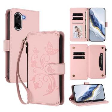 Imagem de Capa carteira para OnePlus Nord CE5 com porta-cartão, bolso com zíper e alça longa - capa fólio de couro com fecho magnético, suporte, capa feminina anti-impressão digital (rosa)