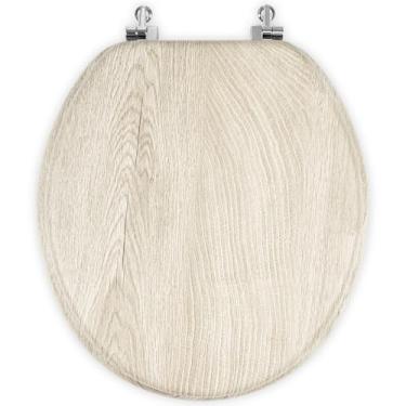 Imagem de Assento de vaso sanitário redondo com dobradiças de metal não macias, resistente de luxo PVC acabamento de grão de madeira MDF Assentos de material durável estável design clássico, fácil de instalar,