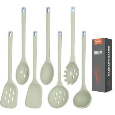 Imagem de Conjunto grande de 7 utensílios de silicone para cozinhar, sem arranhões para panelas antiaderentes, servidor de macarrão, colher de espaguete, espátula e colher sólida, escumadeira, concha de sopa