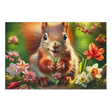 Imagem de Quebra-cabeça de 500 peças, quebra-cabeça de esquilo segurando flores, quebra-cabeça de presente faça você mesmo com bolsa de armazenamento de malha, quebra-cabeça de desafio para adultos, 52 cm C x
