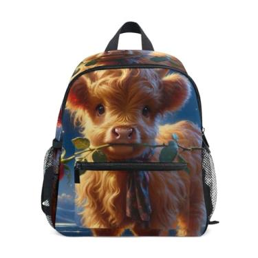 Imagem de GAIGEO Highland Cow Print Cute Little Kid Backpack, 10x4x12 In, Girl School Backpack Includes Water Bottle Pockets, Whistle Clip for Safety