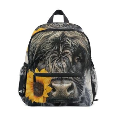 Imagem de GAIGEO Highland Cow Calf Little Kid Backpack with Whistle, 2 Bottle Pockets, Lightweight, Back to School Backpacks 10x4x12 In, for Ages 3-8