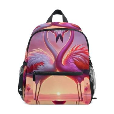 Imagem de GAIGEO Valentine Flamingo Couple Pink Backpack for Kids with Whistle, 2 Bottle Pockets, Lightweight, Backpacks for Preschool 10x4x12 In, for Ages 3-8