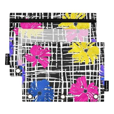 Imagem de GAIGEO Pasta de lápis com 3 anéis com estampa animal, azul, rosa, amarelo, flores, preto, xadrez, caneta, lápis, fichário, fichário escolar, bolsos transparentes, 25 x 18 cm, 2 pacotes