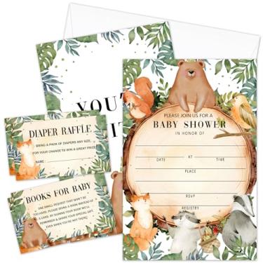 Imagem de AWDSTN Kit de convites para chá de bebê Woodland com envelopes, 25 conjuntos de convites para chá de bebê e 25 bilhetes de sorteio de fraldas e 25 cartões de solicitação de livro de chá de bebê,
