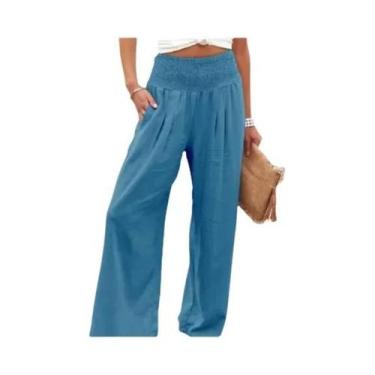 Imagem de Calças Casuais Femininas De Perna Larga Com Cordão Na Cintura Média Es