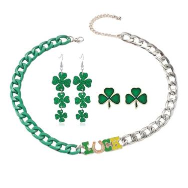 Imagem de QLUYCKW Conjunto de brincos de colar de dia de São Patrício para mulheres, moda, verde, trevo de três folhas, brincos com pingente de trevo boa sorte, dia de São Patrício, acessórios de férias, joias