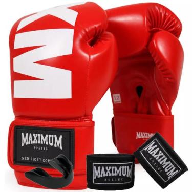Imagem de Kit luva muay thai boxe kickboxing mxm vermelha + bandagem 3m + protet