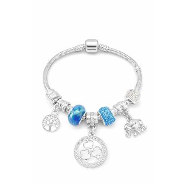 Imagem de Pulseira de Berloques Feminina, Snake Chain Prateada com Árvore da Vida, Elefante, Murano Azul, Medalhão com Strass, 18-20cm