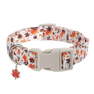 Imagem de Coleira de outono ajustável com pingente de folha de bordo - Coleira de tecido macio durável para cães pequenos/médios/grandes, perfeita para passeios de outono e fotos de família (folhas de bordo, PP
