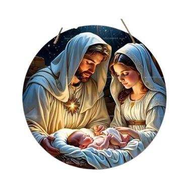 Imagem de Placa De Presépio De Madeira Com a Virgem Maria, Jesus E José Para Dec