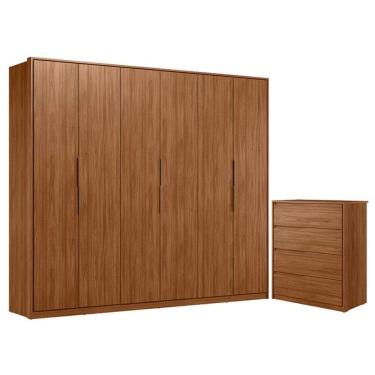 Imagem de Cômoda Atria 4 Gavetas e Guarda Roupa Casal Atrice Nogueira Touch Demóbile - Demartêz
