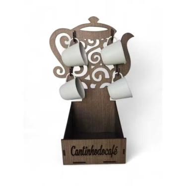 Imagem de Suporte Bule + 4 Xícaras Cantinho do Café Chá Escolha Cor Porta Xícaras Cozinha Organizador Bandeja (Bule Marrom C/Xicara Branco)