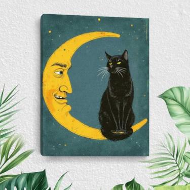 Imagem de Arte de parede em tela retrô de gato sentado na lua, pinturas de arte emolduradas estéticas para gatos, decoração de parede, imagem para sala de estar, sala de jantar, quarto, decoração de casa de