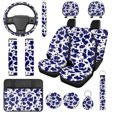 Imagem de DBBXHZJY Conjunto completo de 14 peças de capas de assento de carro com estampa de vaca azul, capa de volante automotiva, almofada de apoio de braço, protetor de encosto de cabeça, capas de cinto de