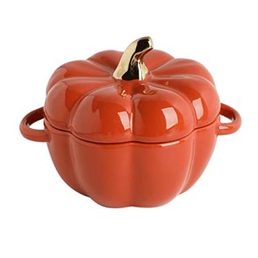 Imagem de Suporte de bolo tigela de cerâmica em forma de abóbora com tampa bandeja de cozinha assadeira tigelas de sopa com alça barra de salada panela de frutas bandeja de frutas (cor: laranja, tamanho