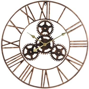 Imagem de AkosOL Relógio de parede grande decorativo de ferro forjado, relógios de parede industriais silenciosos, numerais romanos, relógios de metal dourado rústico, para casa, sala de estar, cozinha e sala
