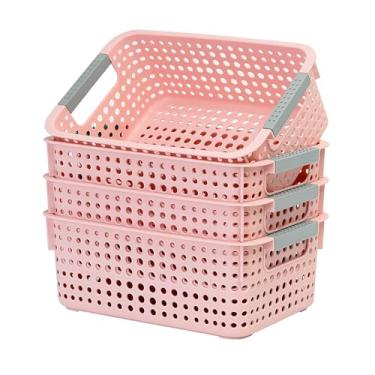Imagem de Pacote com 4 cestos organizadores de plástico totalmente vazados com alças, organizador multiuso para embaixo da pia do banheiro, armário de cozinha, ideal para artigos de higiene pessoal (rosa