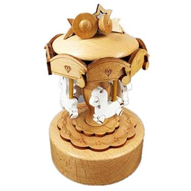 Imagem de pcagfaajmh Caixa de música colecionável carrossel sonhador caixa de música de madeira maciça artesanato decorações de mesa (cor: tamanho da cor da imagem: 11 x 11 x 18 cm)