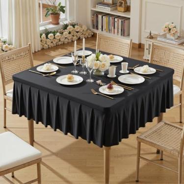 Imagem de Wish Care Toalhas de mesa pretas de elastano para mesas quadradas de 137 x 137 polegadas, roupas de mesa elásticas com saia plissada com babados para mesa de 137 cm, sem rugas e elásticas, para festa