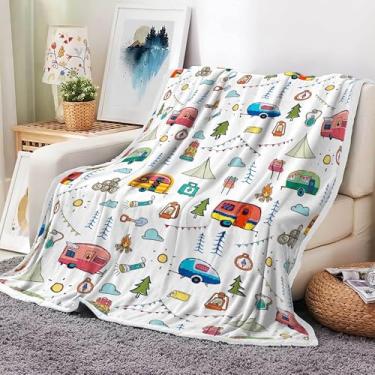 Imagem de Cobertor de acampamento, cobertor de lã para trailer de viagem Happy Camper, rústico ao ar livre, aventura, aconchegante, cobertor macio para sofá, acampamento, casa, sala de estar, quarto, decoração