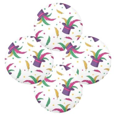 Imagem de Wassud Jogo americano conjunto de 4 chapéus de carnaval com penas tapetes de mesa redondos para cozinha e jantar tapetes laváveis resistentes ao calor para decoração de mesa 39 cm