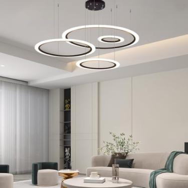 Imagem de Lustre moderno de 4 anéis pretos com LED, dimerizável e controle remoto, luminária pendente ajustável para teto, ideal para sala de estar, cozinha, sala de jantar e quarto (40+60+80+100 cm).