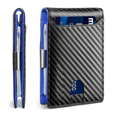 Imagem de Carteira masculina ultrafina com bolso frontal RFID – dobrável de couro durável, comporta mais de 6 cartões e dinheiro, Preto de carbono e azul, Carteira masculina ultrafina com bolso frontal RFID