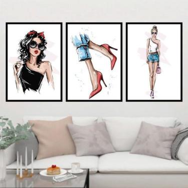 Imagem de Kit 3 Quadros Moda Roupas E Sapatos 60X40Cm Moldura Preta