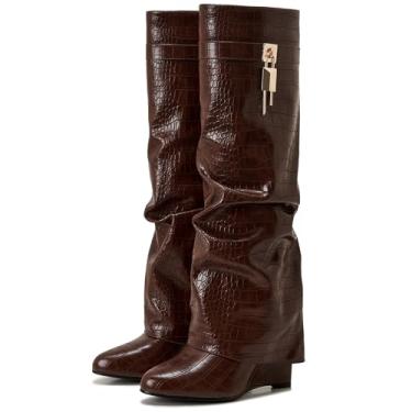 Imagem de CDHYX Bota feminina dobrável com salto plataforma e design de cadeado com zíper lateral, Crocodilo marrom, 38