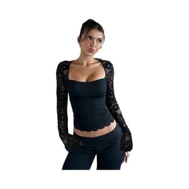 Imagem de Camiseta Cropped Feminina De Manga Longa Com Gola Quadrada, Renda E Es