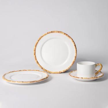 Imagem de Prato Sobremesa De Cerâmica Branco Borda De Bambu Grossa 20cm Flat Scalla