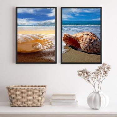 Imagem de Kit 2 Quadros Praia Mar 45x34cm - Vidro e Moldura Preta