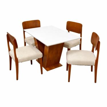 Imagem de Mesa de Jantar Classic 120x80cm com Vidro e 4 Cadeiras Barcelona em Linho Madeira Cel Móveis Cor Cinamomo Off White com Tecido Bege