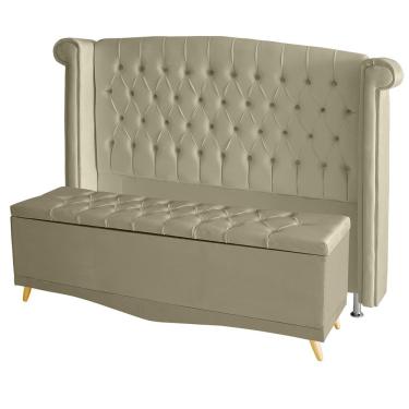 Imagem de Kit De Quarto Cabeceira De Cama Box E Calçadeira Baú Toquio Casal Queen 160 Cm Suede Bege Do Lar Móveis E Decoração