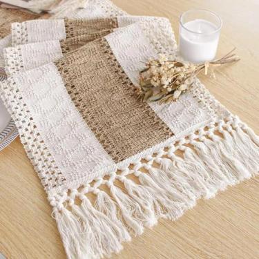 Imagem de Caminho De Mesa Em Macramê Marrom Creme Com Borlas Para Decoração De V
