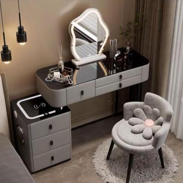 Imagem de Penteadeira De Maquiagem Com Espelho Iluminado Por Led Touch - Penteadeira Com 3 Modos De Iluminação De Cores, 3 Gavetas, Armário De Armazenamento E Estação De Carregamento, Gray B, 100cm/39.3in