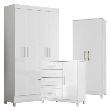 Imagem de Guarda Roupa Infantil Madri com Cômoda Vênus com pés e Armário Multiuso Jade  Branco Brilho – Moval