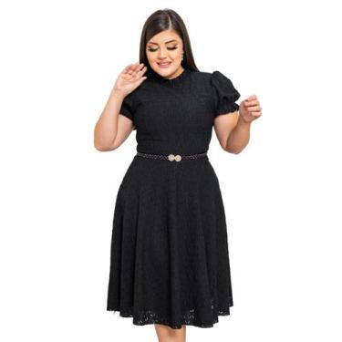 Imagem de Vestido Midi Rodado Godê com cinto de perolas manga curta e gola alta 