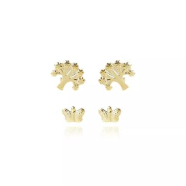 Imagem de Brinco Floratta Joias Duo de Árvore e Borboleta Folheado em Ouro 18K com Diâmetro 0,5CM e 0,9CM