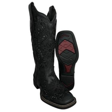 Imagem de Bota Texana Feminina Vimar Bico Quadrado Fóssil Preto Com Bordado e Br