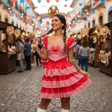 Imagem de Vestido Festa Junina Adulto Xadrez Quadrilha Luxo Premium, Jurema, G