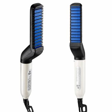 Imagem de Escova Pente Alisador Masculino para Cabelo e Barba Lâmina Cerâmica Cabo Elétrico Aquecimento Rápido Preto Bivolt