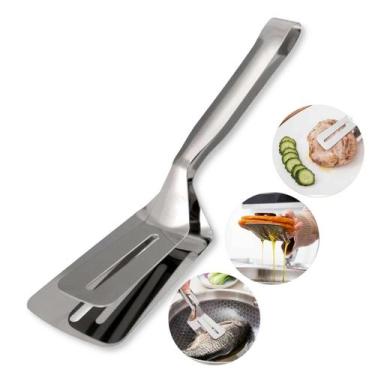 Imagem de Espátula Pegador Pinça Culinária Dupla Multiuso Aço Inox - Oell