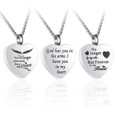 Imagem de Pacote com 3 colares de urna para cinzas, joia memorial de cremação para cinzas, medalhão de urna de prata de coração para cinzas, urnas de aço inoxidável, pingente, joias de lembrança com diferentes palavras e kit de funil e bolsa