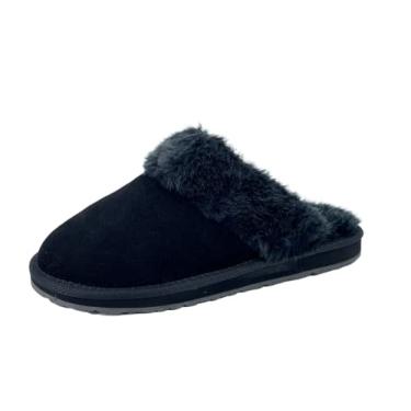 Imagem de Clarks Pantufa feminina de camurça confortável com costas abertas JMS0583C - Acabamento de pele sintética de pelúcia - Chinelos femininos para uso interno e externo, Preto, 36