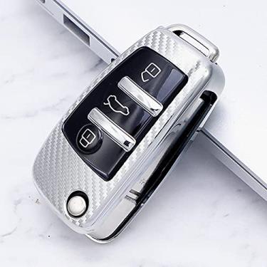 Imagem de CSHU TPU Fibra de carbono Car Key Case Cover Keychain Ring Key Bag, apto para Audi A3 A4 A4L B5 B6 B7 B8 B9 A5 A6 A6L C5 C6 Q3 Q5 Q5 Q7 S5 S7 RS3 TT 2020, A, prata
