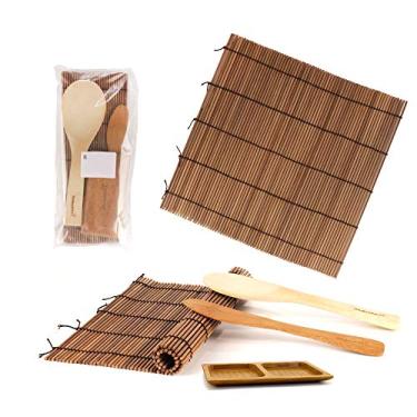 Imagem de Kit de rolo para fazer sushi BambooMN 2 x tapetes de rolamento de bambu, 1 x palheta de arroz, 1 x espátula, mais opções e estilo | 100% tapetes de bambu e utensílios, Carbonized Deluxe, 1 Set